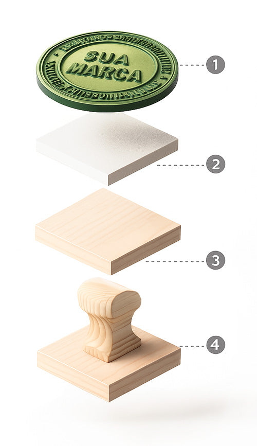 Infographic showing the layered structure of a large custom rubber stamp, including rubber, foam and wooden base